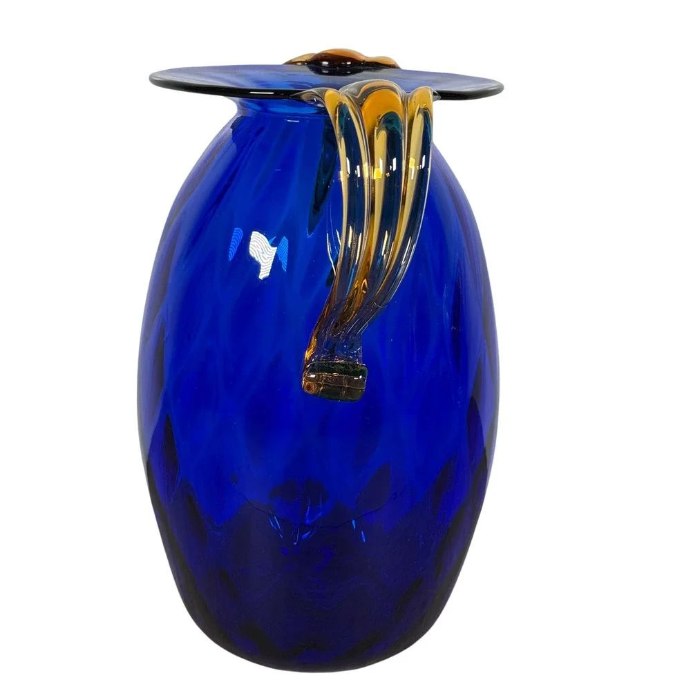 Blenko Cobalt Blue Optic Honeycomb Pitcher Amber Handles 9.5